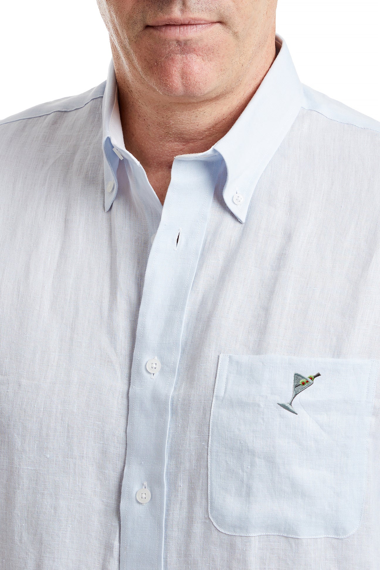 Chase Shirt Powder Blue Linen with Single Martini MENS SPORT SHIRTS Castaway Nantucket Island