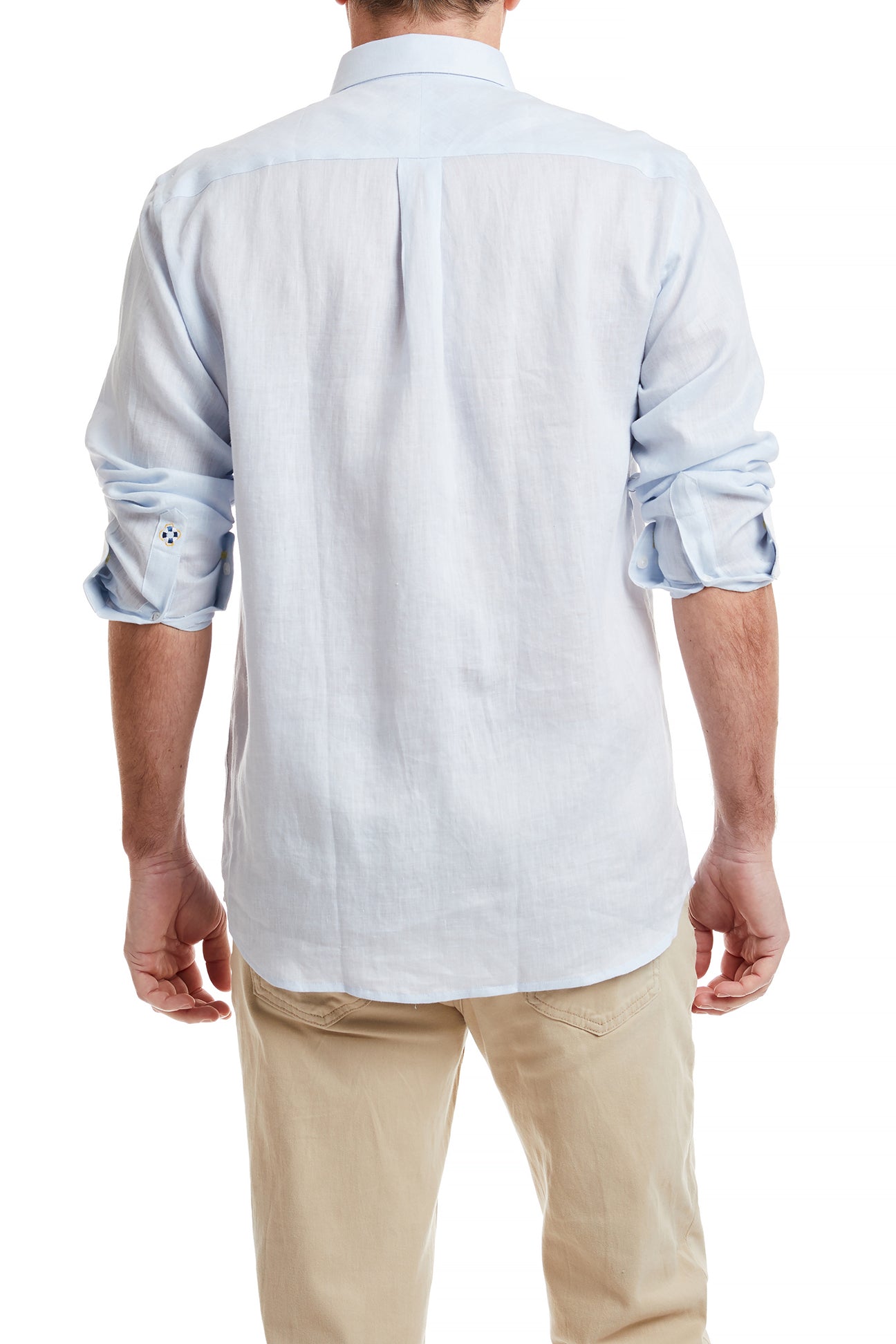 Chase Shirt Powder Blue Linen with Single Martini MENS SPORT SHIRTS Castaway Nantucket Island