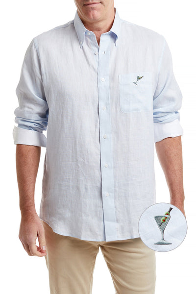 Chase Shirt Powder Blue Linen with Single Martini MENS SPORT SHIRTS Castaway Nantucket Island