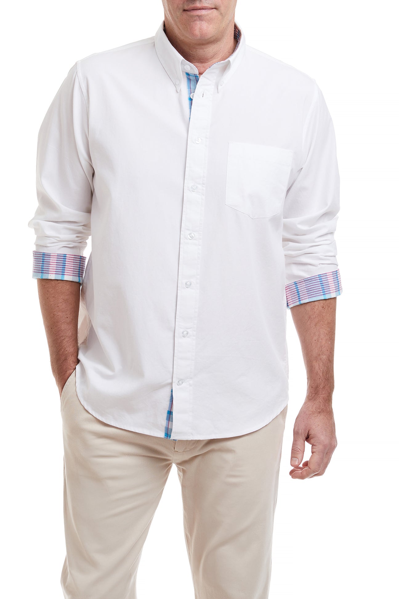 Chase Shirt White Oxford with Cove Madras Trim MENS SPORT SHIRTS Castaway Nantucket Island