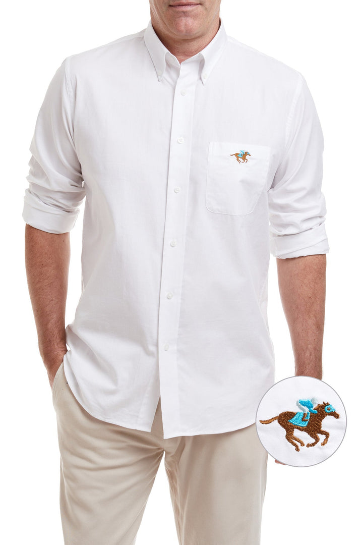 Men's White Oxford Shirt – Racing Horse Embroidery, Classic Fit Button-Down – Castaway Chase