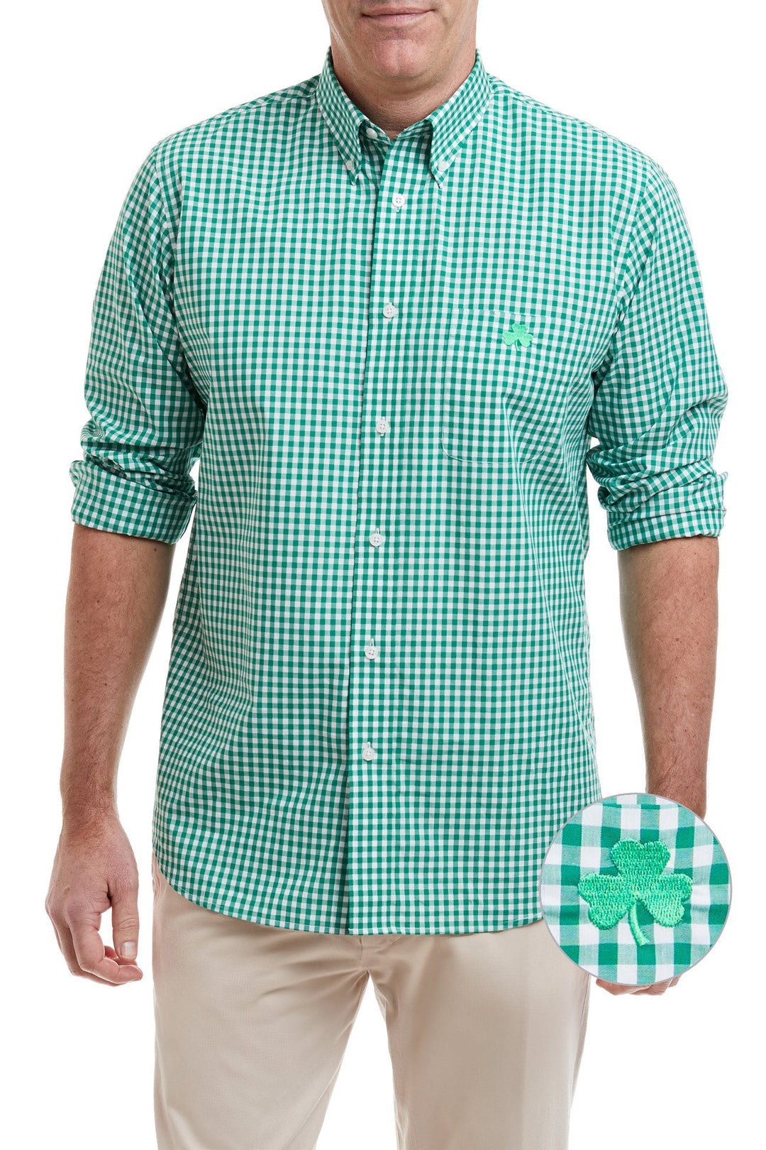 Castaway Chase Shirt Green Wide Gingham Single Shamrock Embroidery – St. Patrick's Day