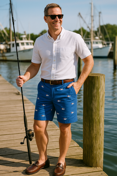 Cisco Short Deep Ocean Blue with Great White Shark MENS EMBROIDERED SHORTS Castaway Nantucket Island