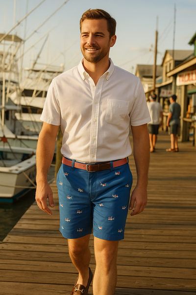 Cisco Short Deep Ocean Blue with Great White Shark MENS EMBROIDERED SHORTS Castaway Nantucket Island