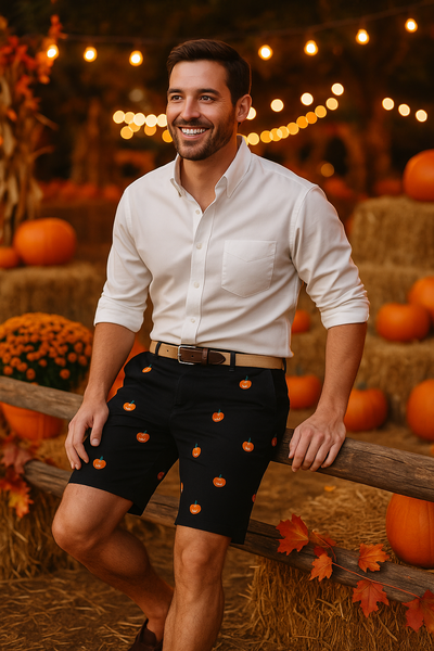 Cisco Short Stretch Twill Black with Jack O'Lantern MENS EMBROIDERED SHORTS Castaway Nantucket Island
