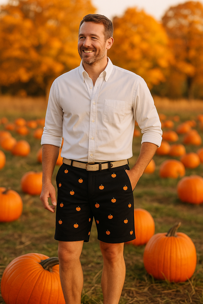 Cisco Short Stretch Twill Black with Jack O'Lantern MENS EMBROIDERED SHORTS Castaway Nantucket Island