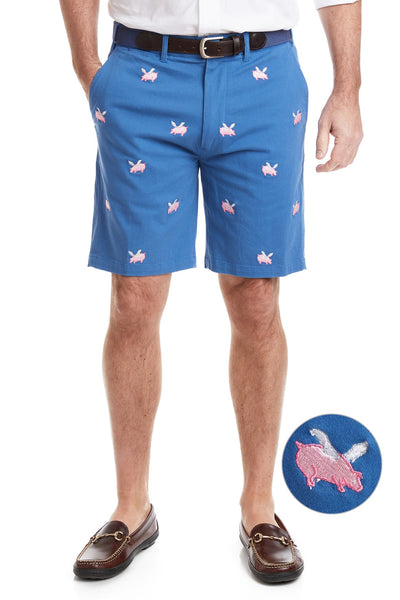 Cisco Short Stretch Twill Deep Ocean Blue with Flying Pig MENS EMBROIDERED SHORTS Castaway Nantucket Island