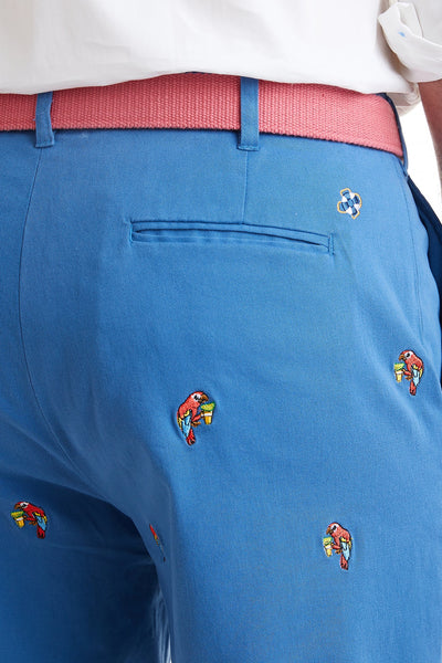Cisco Short Stretch Twill Deep Ocean Blue with Party Parrot MENS EMBROIDERED SHORTS Castaway Nantucket Island