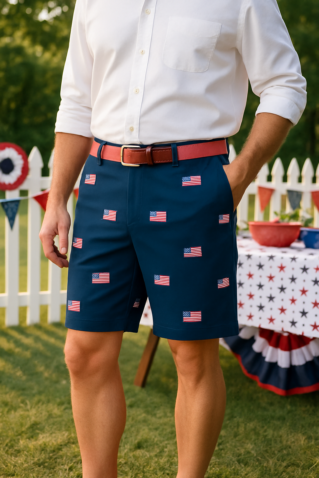 Cisco Short Stretch Twill Nantucket Navy With American Flag MENS EMBROIDERED SHORTS Castaway Nantucket Island