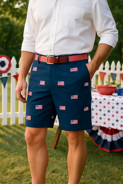 Cisco Short Stretch Twill Nantucket Navy With American Flag MENS EMBROIDERED SHORTS Castaway Nantucket Island