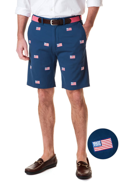 Cisco Short Stretch Twill Nantucket Navy With American Flag MENS EMBROIDERED SHORTS Castaway Nantucket Island