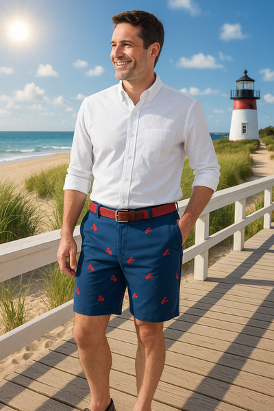 Cisco Short Stretch Twill Nantucket Navy With Lobster MENS EMBROIDERED SHORTS Castaway Nantucket Island