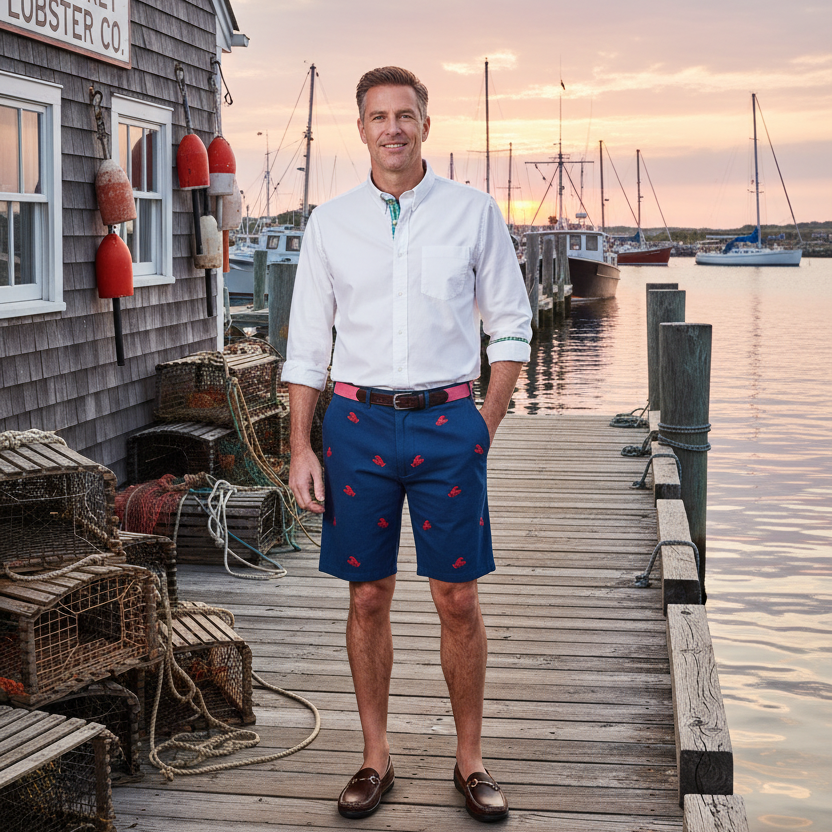 Castaway Mens Embroidered Short Stretch Twill Navy With Lobster