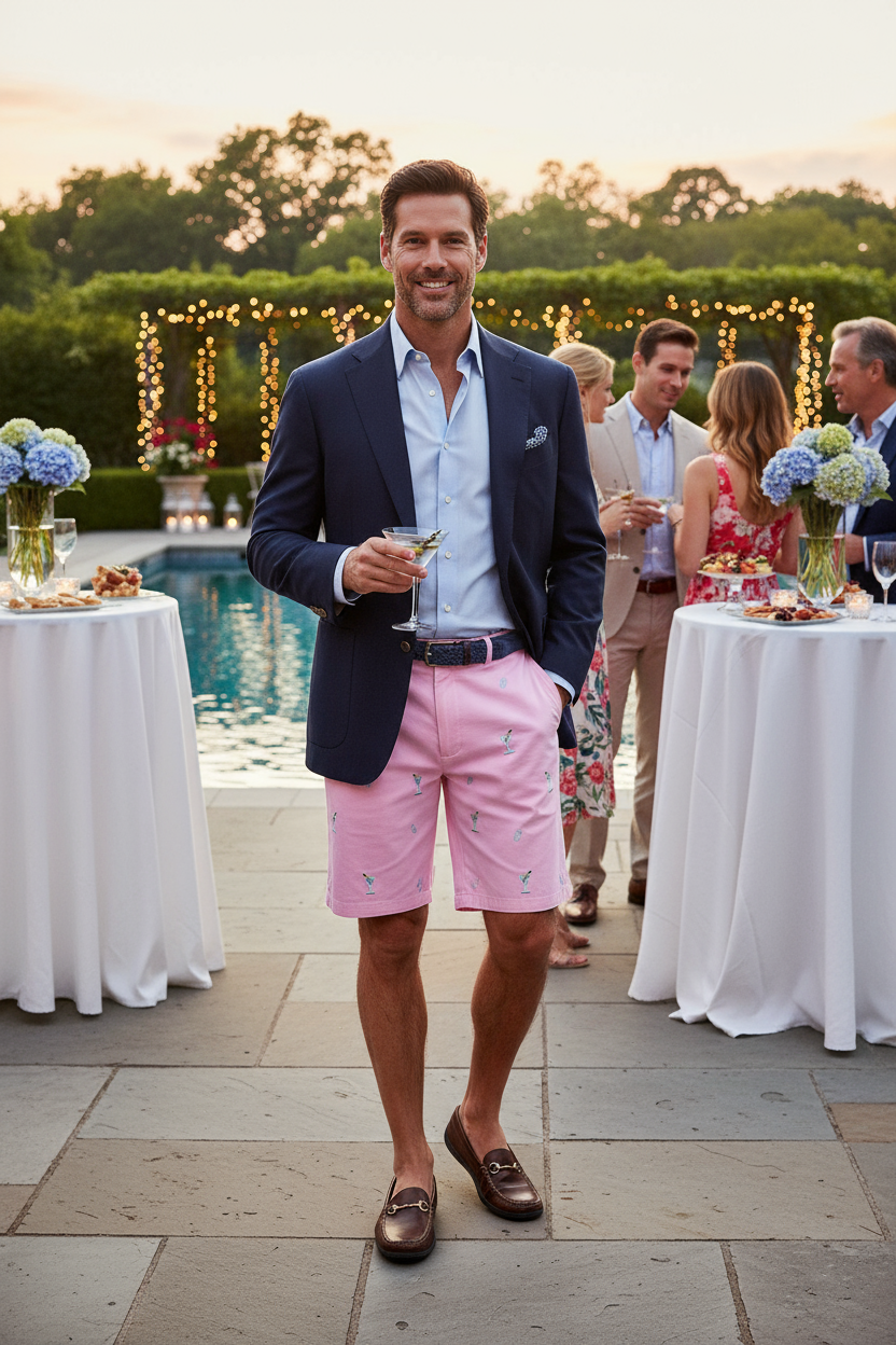 Cisco Short Stretch Twill Pink with Martini & Shaker MENS EMBROIDERED SHORTS Castaway Nantucket Island