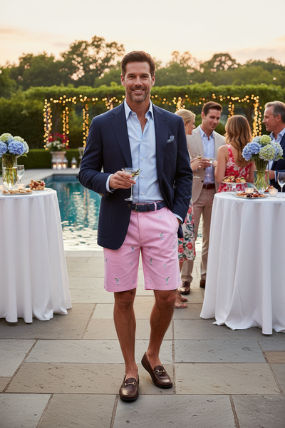 Cisco Short Stretch Twill Pink with Martini & Shaker MENS EMBROIDERED SHORTS Castaway Nantucket Island