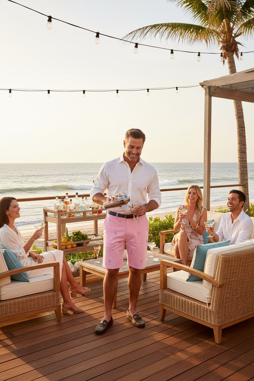 Cisco Short Stretch Twill Pink with Martini & Shaker MENS EMBROIDERED SHORTS Castaway Nantucket Island