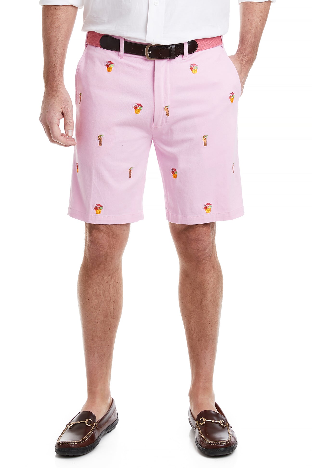 Cisco Short Stretch Twill Pink with Tiki and Cocunut Drinks MENS EMBROIDERED SHORTS Castaway Nantucket Island