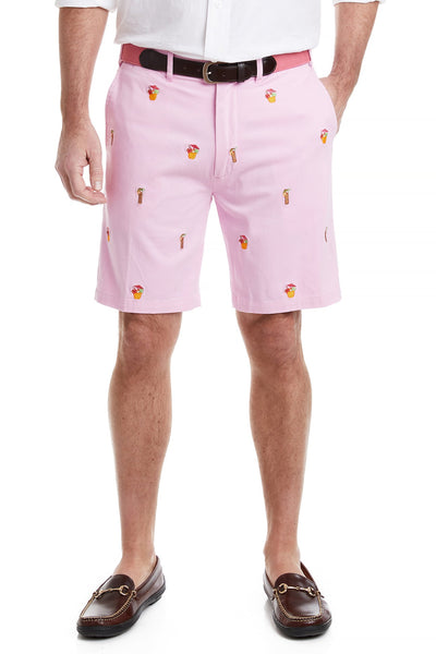 Cisco Short Stretch Twill Pink with Tiki and Cocunut Drinks MENS EMBROIDERED SHORTS Castaway Nantucket Island