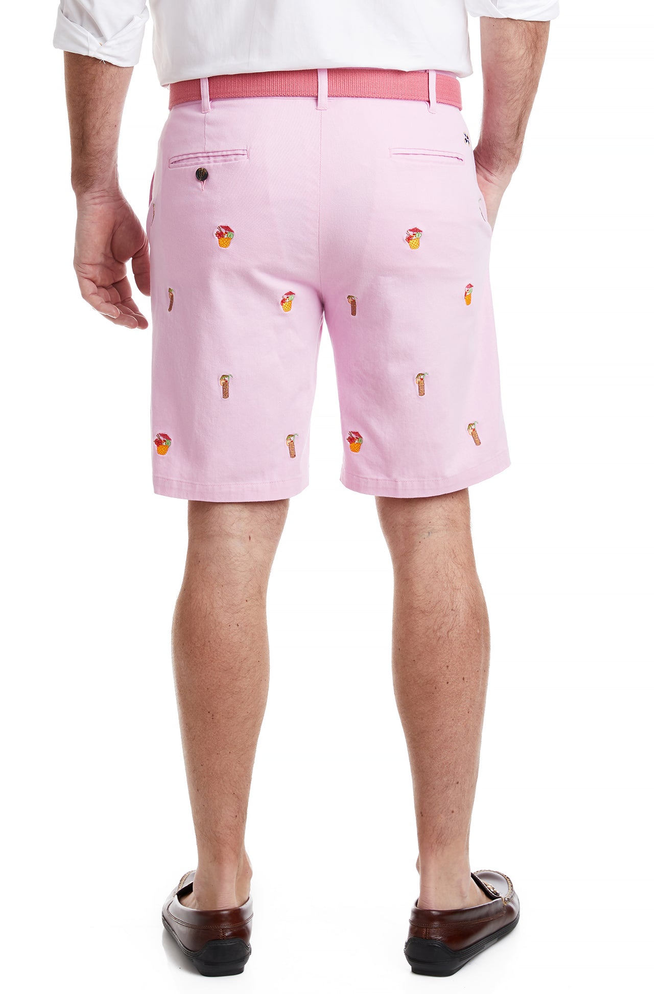Cisco Short Stretch Twill Pink with Tiki and Cocunut Drinks MENS EMBROIDERED SHORTS Castaway Nantucket Island