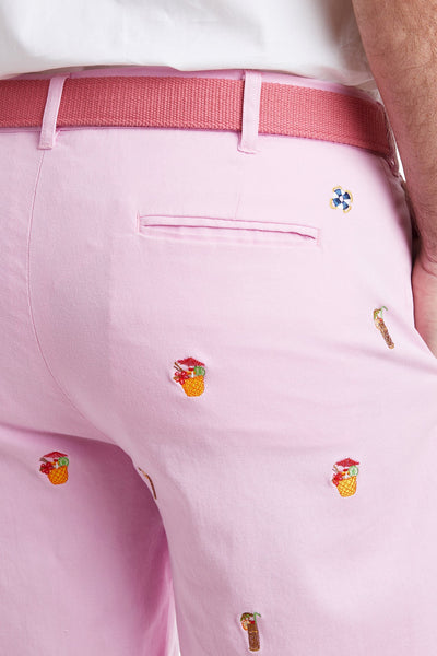 Cisco Short Stretch Twill Pink with Tiki and Cocunut Drinks MENS EMBROIDERED SHORTS Castaway Nantucket Island