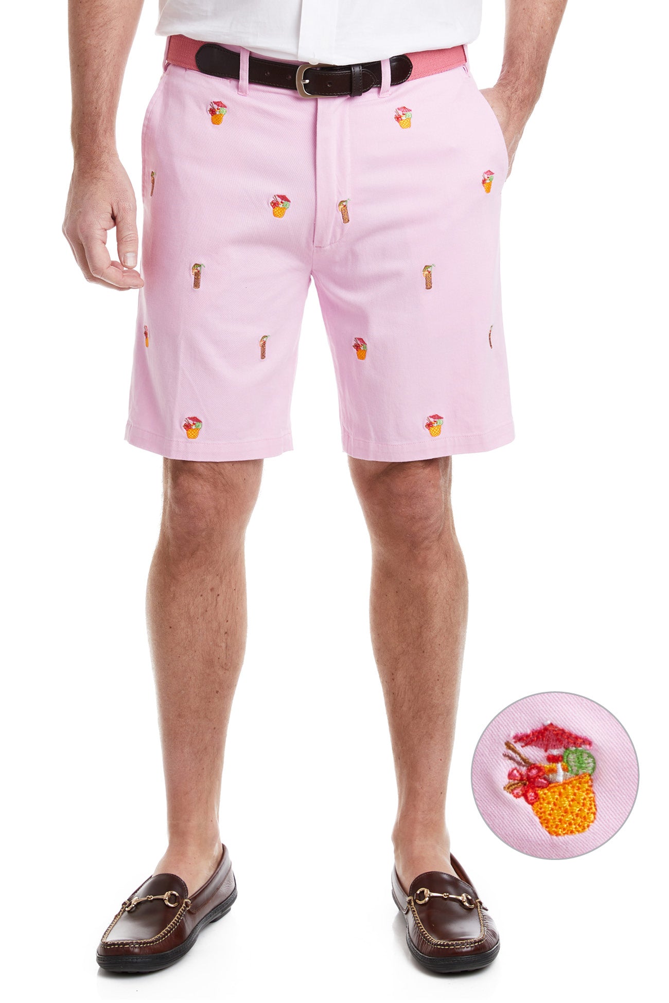 Cisco Short Stretch Twill Pink with Tiki and Cocunut Drinks MENS EMBROIDERED SHORTS Castaway Nantucket Island