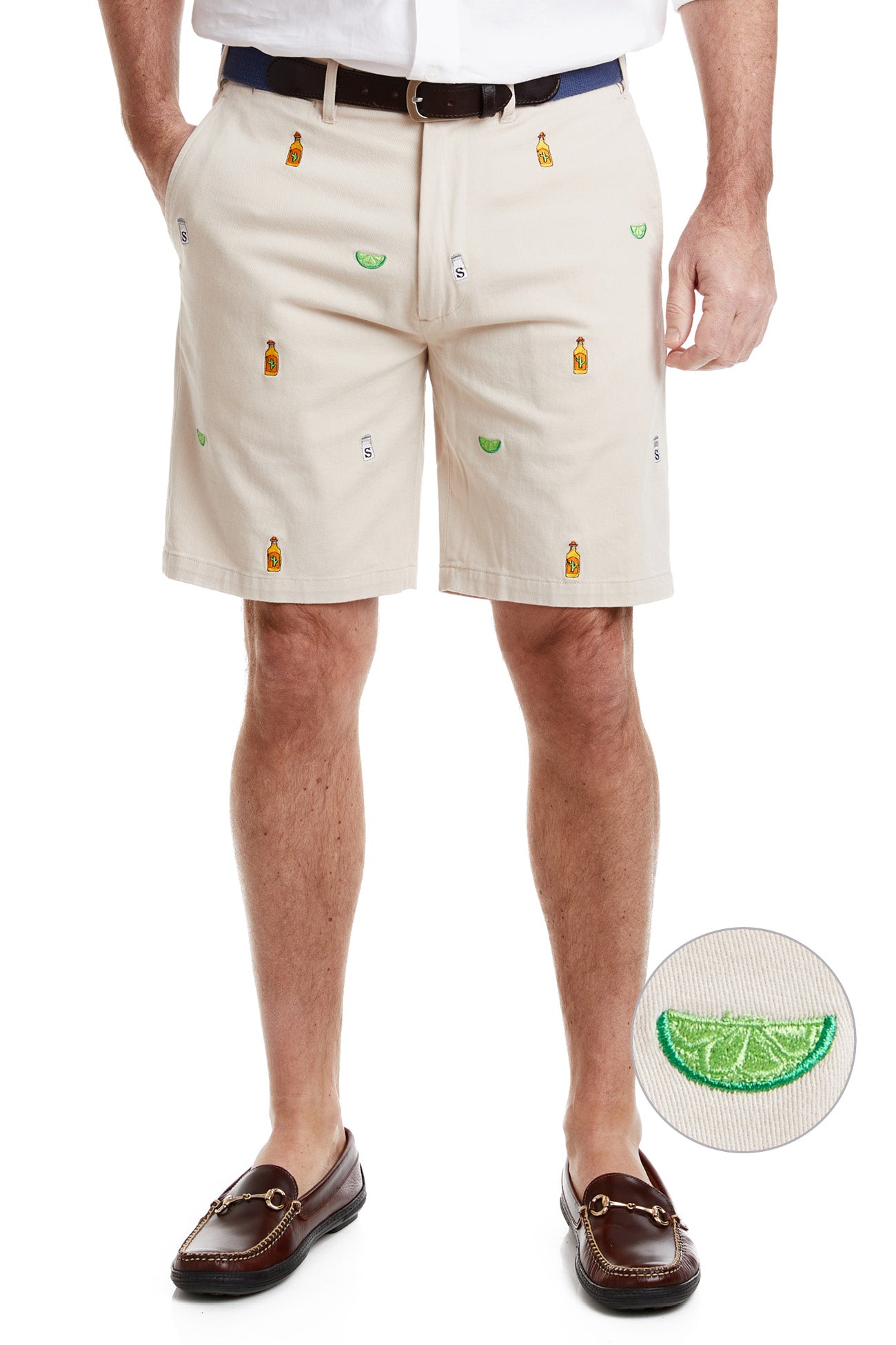 Cisco Short Stretch Twill Stone with Tequila Salt and Lime MENS EMBROIDERED SHORTS Castaway Nantucket Island