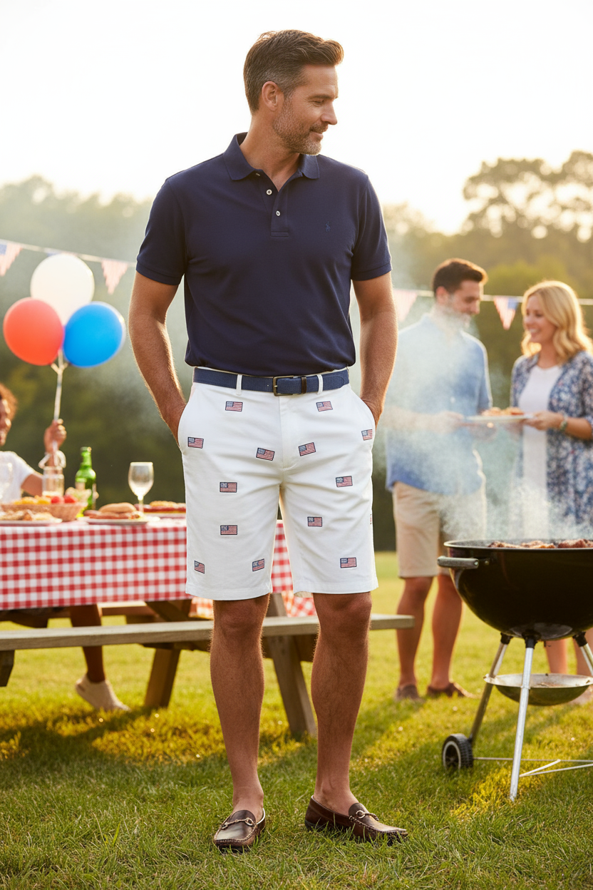 Cisco Short Stretch Twill White with American Flag MENS EMBROIDERED SHORTS Castaway Nantucket Island