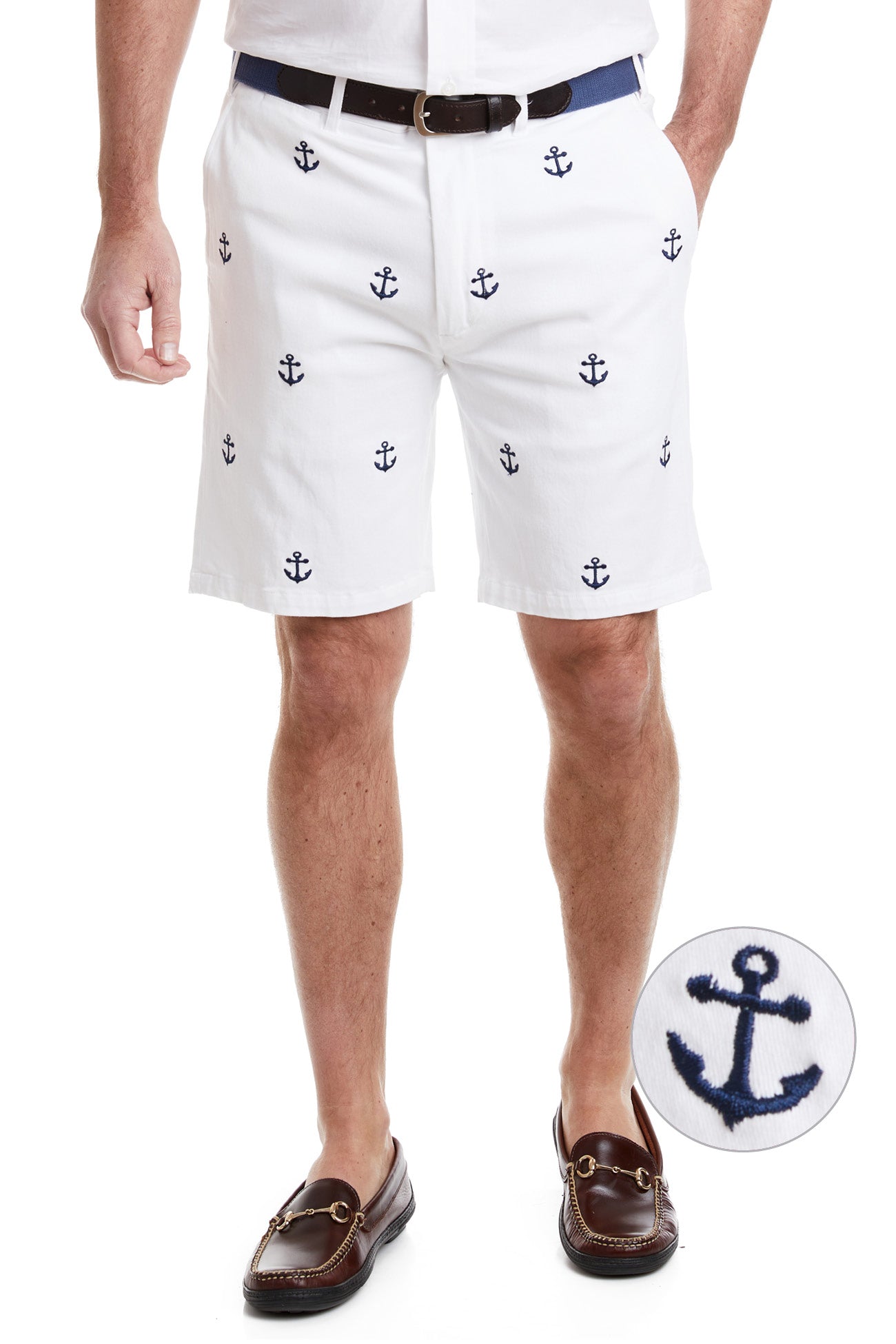 Cisco Short Stretch Twill White with Anchor MENS EMBROIDERED SHORTS Castaway Nantucket Island