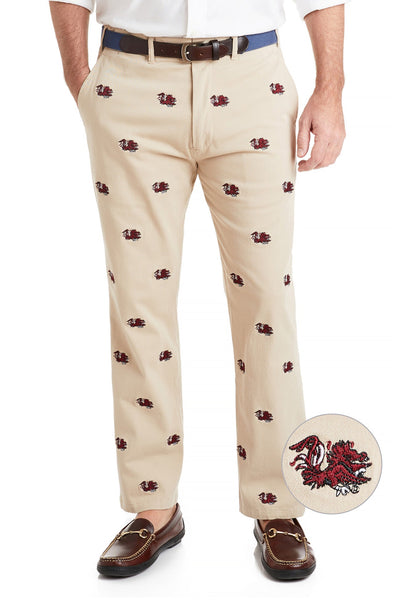 Collegiate Stretch Twill Pant Khaki with South Carolina Gamecocks MENS EMBROIDERED PANTS Castaway Nantucket Island