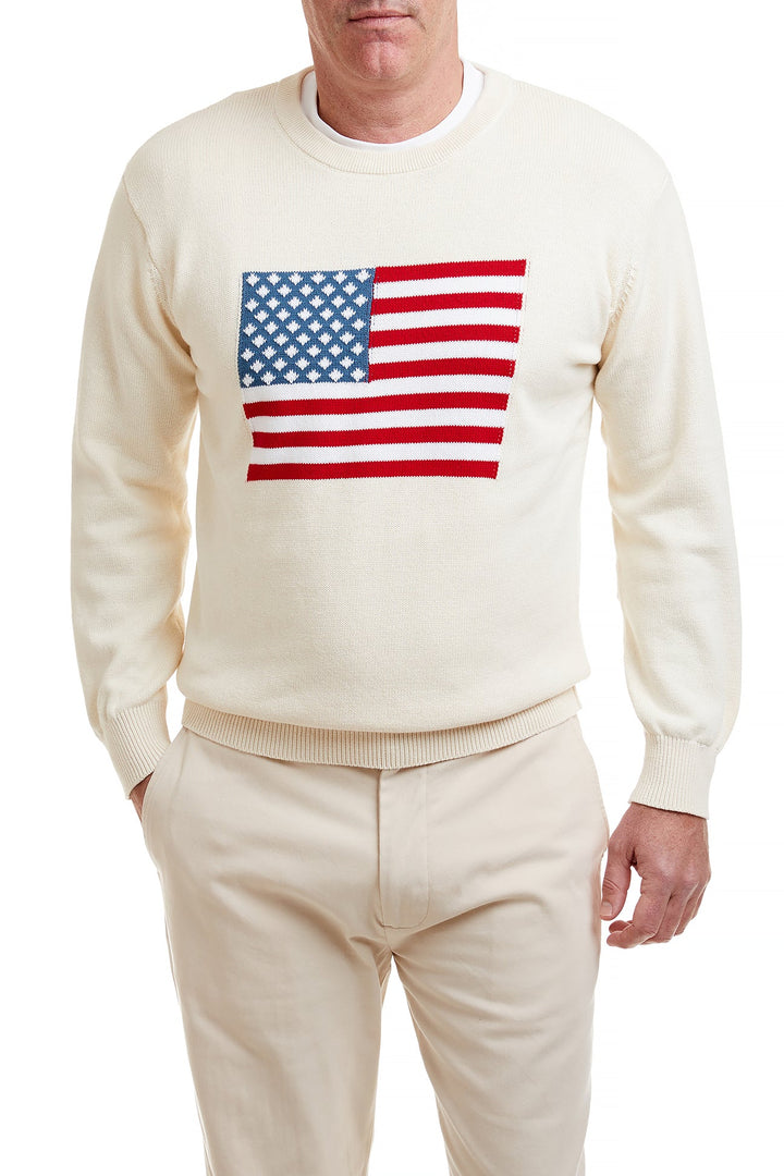 Mens Crewneck Sweater Cream With American Flag – Castaway