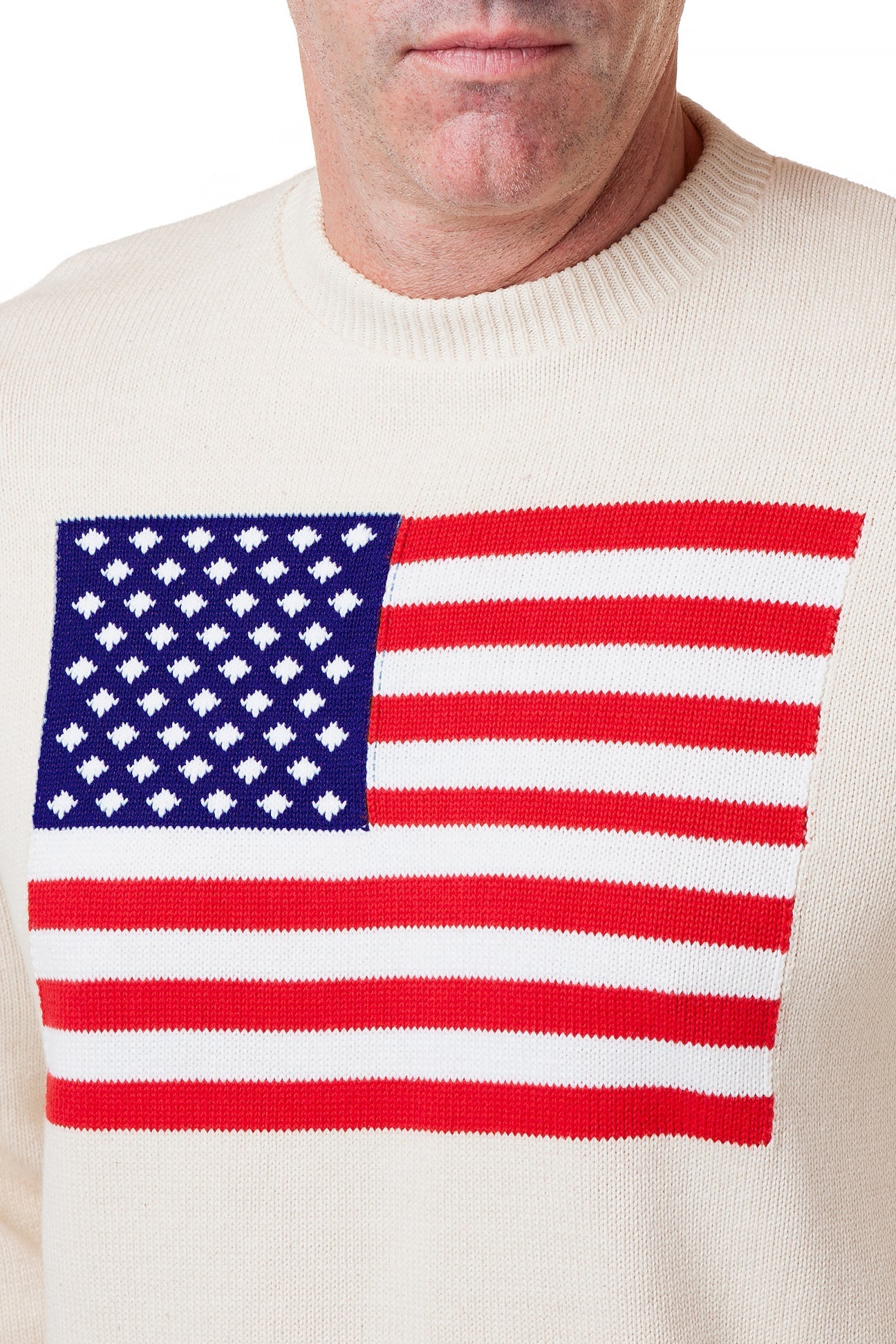 Crew Neck Sweater Cream With American Flag MENS OUTERWEAR Castaway Nantucket Island