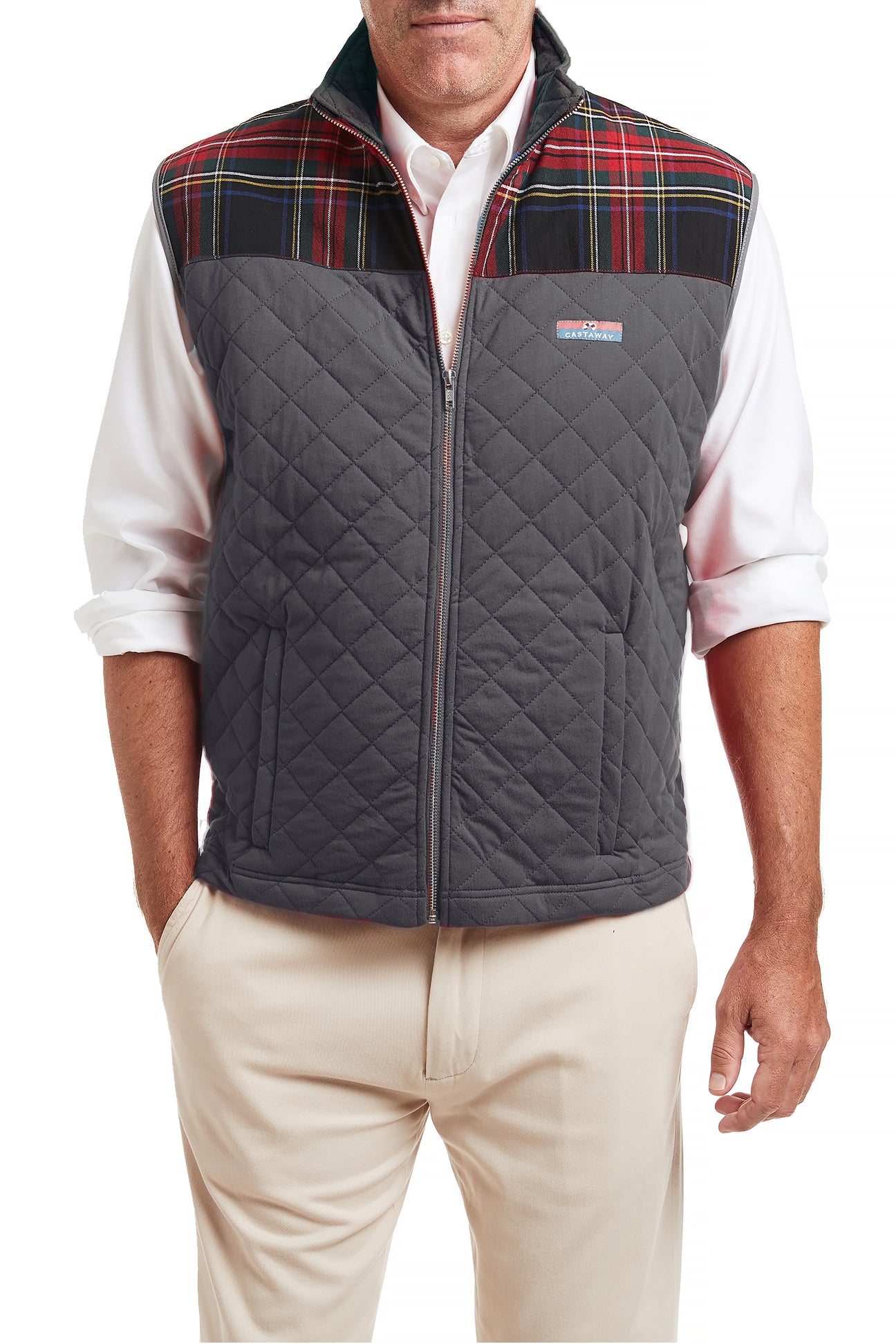 Cross Rip Quilted Vest Charcoal with Blackwatch Trim MENS TOPS Castaway Nantucket Island
