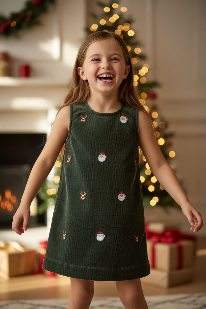 Castaway Holiday Embroidered Girls Shift Dress Corduroy Olive with Christmas Night Castaway Nantucket Island Castaway Holiday Embroidered Girls Shift Dress Corduroy Olive with Christmas Night Castaway Nantucket Island