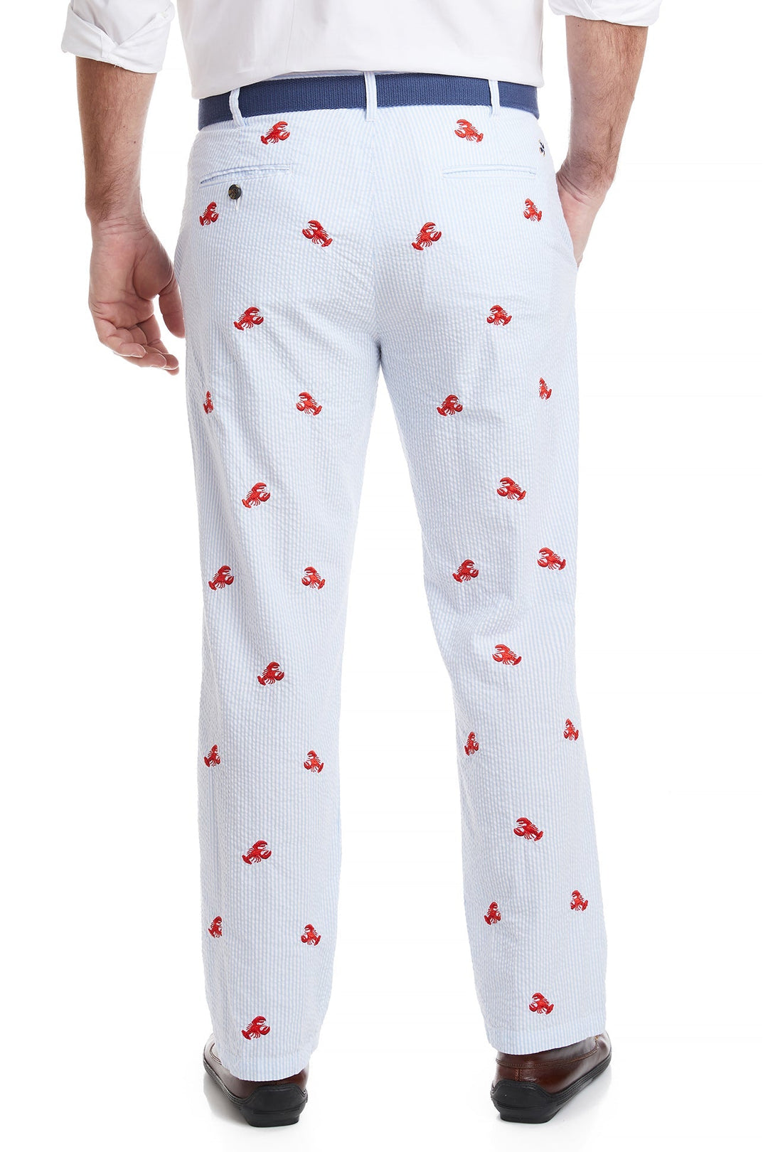 Castaway Mens Embroidered Harbor Pant Blue Seersucker with Lobster