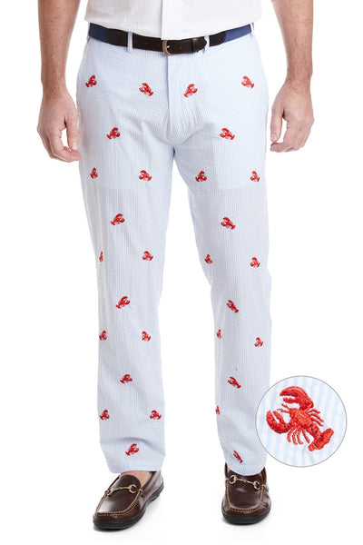 Harbor Pant Blue Seersucker with Lobster MENS EMBROIDERED PANTS Castaway Nantucket Island