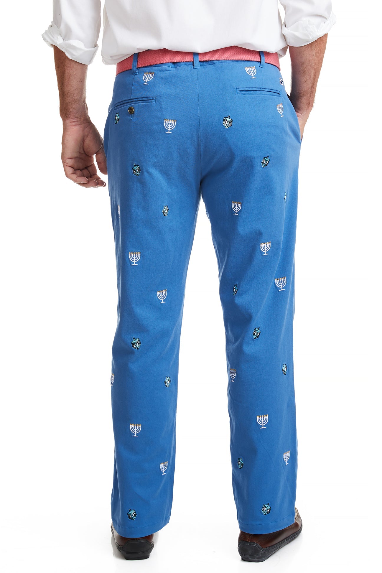 Harbor Pant Deep Ocean Blue with Menorah and Dreidel MENS EMBROIDERED PANTS Castaway Nantucket Island