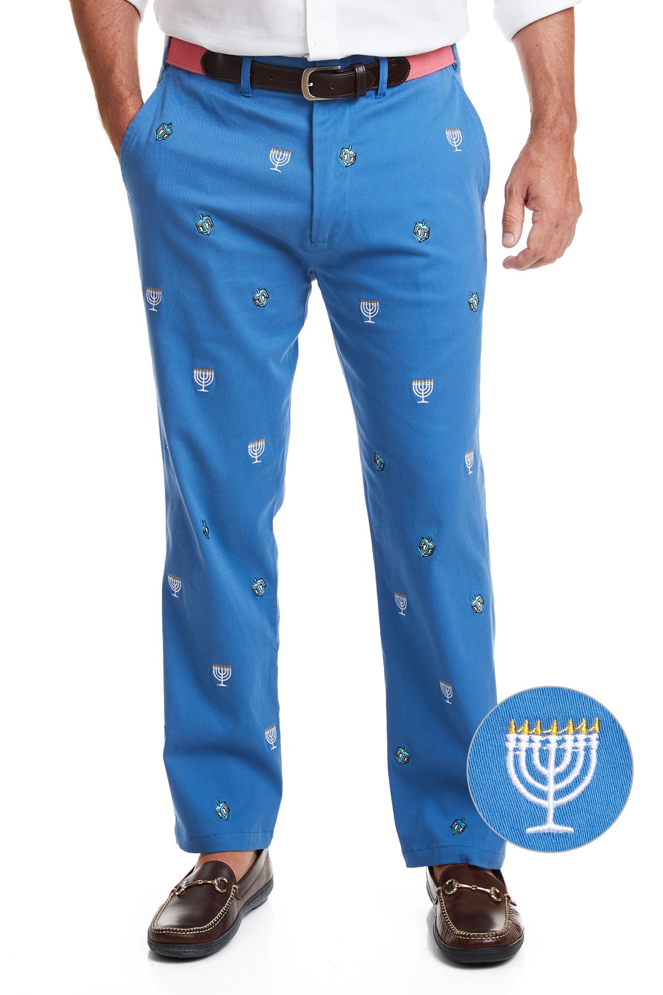 Harbor Pant Deep Ocean Blue with Menorah and Dreidel MENS EMBROIDERED PANTS Castaway Nantucket Island