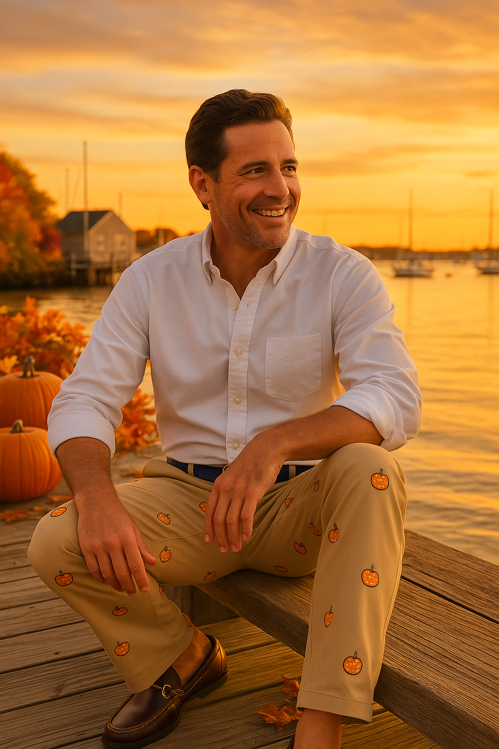 Harbor Pant Khaki with Jack O'Lantern MENS EMBROIDERED PANTS Castaway Nantucket Island