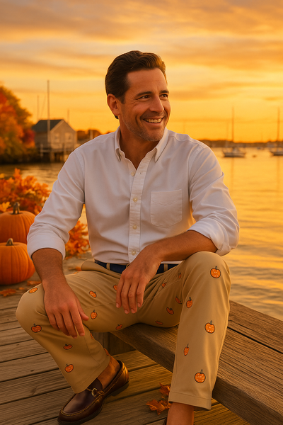 Harbor Pant Khaki with Jack O'Lantern MENS EMBROIDERED PANTS Castaway Nantucket Island