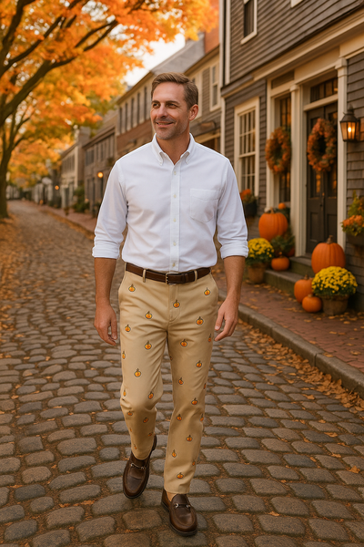 Harbor Pant Khaki with Jack O'Lantern MENS EMBROIDERED PANTS Castaway Nantucket Island