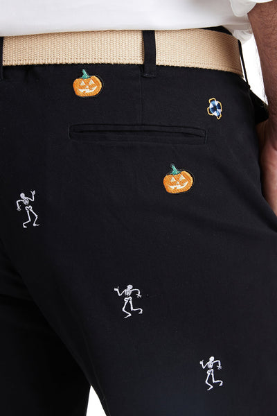 Harbor Pant Stretch Twill Black with Skeleton & Jack O'Lantern MENS EMBROIDERED PANTS Castaway Nantucket Island