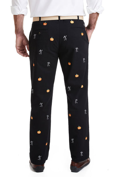 Harbor Pant Stretch Twill Black with Skeleton & Jack O'Lantern MENS EMBROIDERED PANTS Castaway Nantucket Island