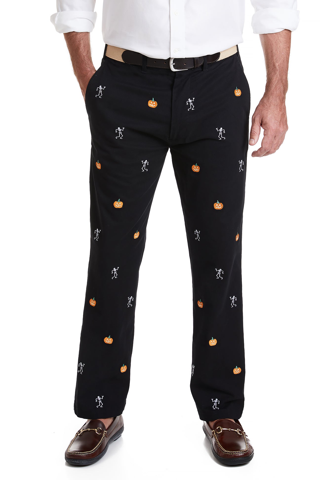Harbor Pant Stretch Twill Black with Skeleton & Jack O'Lantern MENS EMBROIDERED PANTS Castaway Nantucket Island