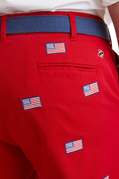 Harbor Pant Stretch Twill Bright Red with American Flag MENS EMBROIDERED PANTS Castaway Nantucket Island