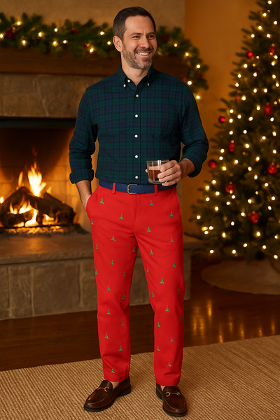 Harbor Pant Stretch Twill Bright Red with Christmas Tree MENS EMBROIDERED PANTS Castaway Nantucket Island