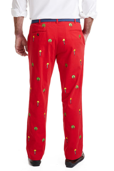 Harbor Pant Stretch Twill Bright Red with Leg Lamp MENS EMBROIDERED PANTS Castaway Nantucket Island