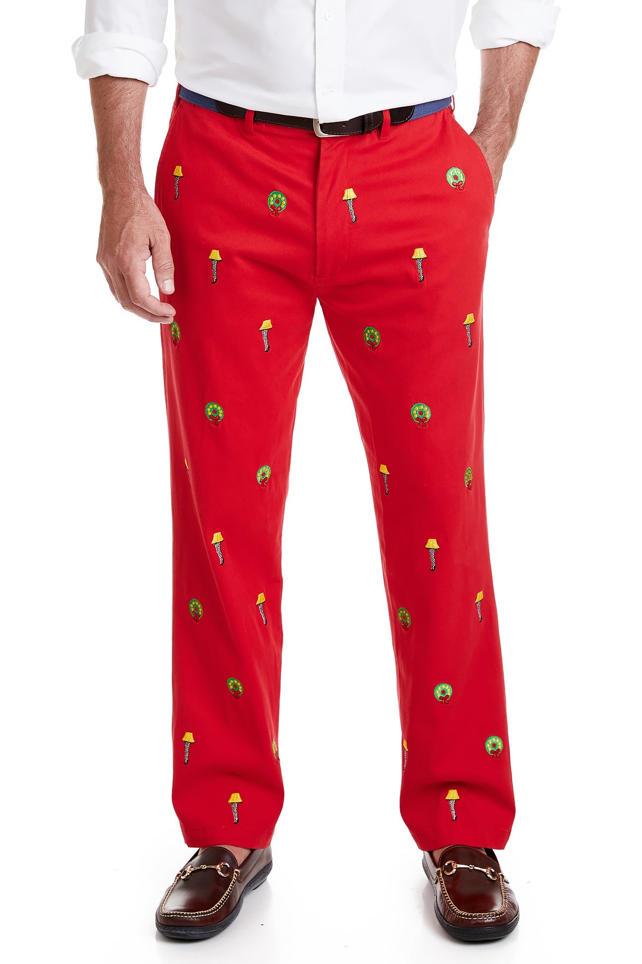 Harbor Pant Stretch Twill Bright Red with Leg Lamp MENS EMBROIDERED PANTS Castaway Nantucket Island