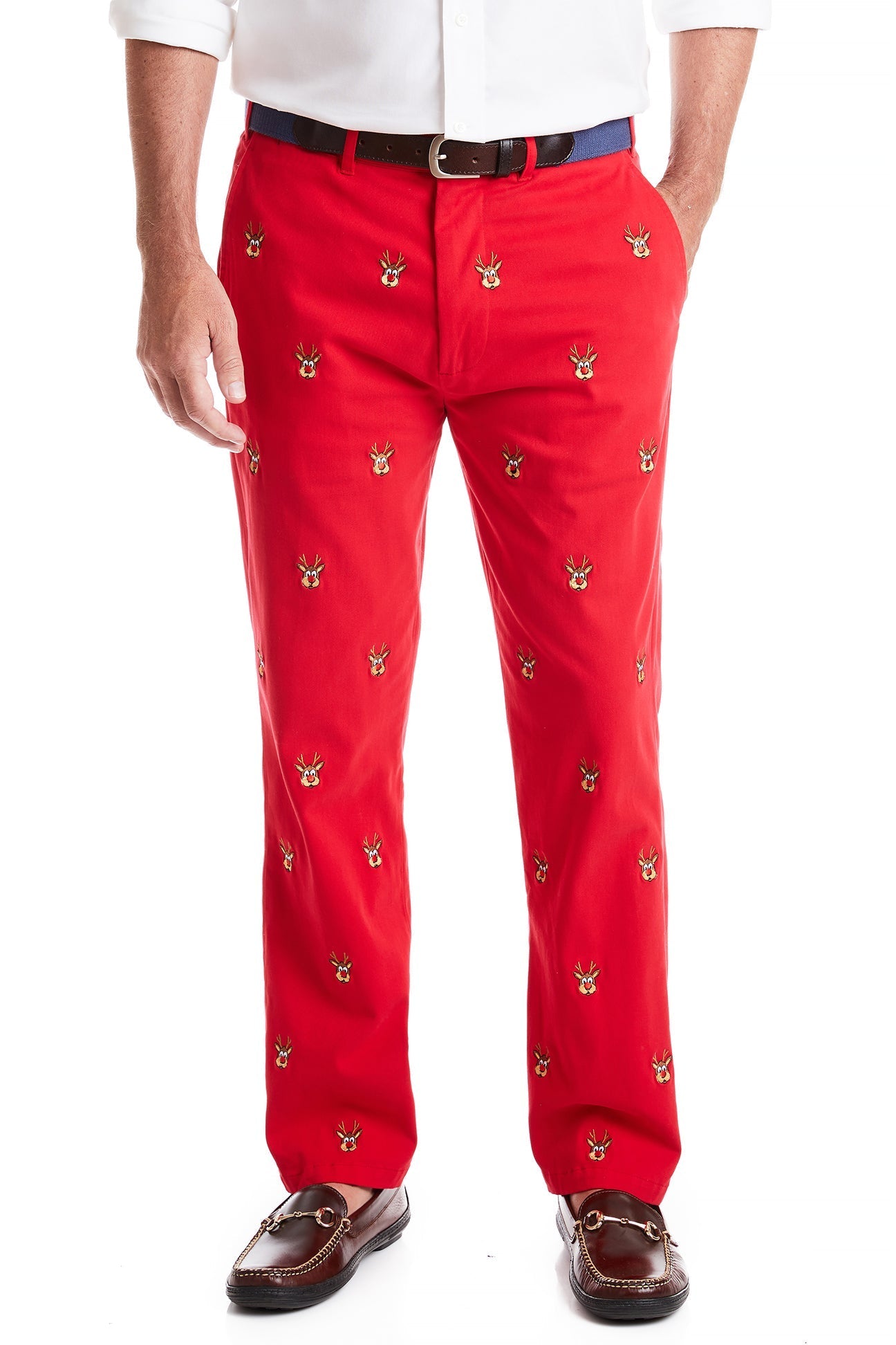 Harbor Pant Stretch Twill Bright Red with Rudolph MENS EMBROIDERED PANTS Castaway Nantucket Island