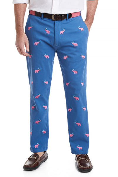 Harbor Pant Stretch Twill Deep Ocean Blue with Toasting Elephant MENS EMBROIDERED PANTS Castaway Nantucket Island