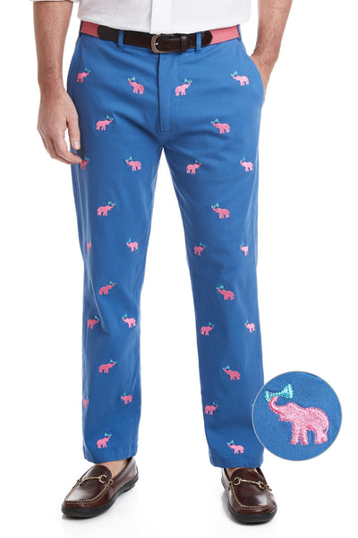 Harbor Pant Stretch Twill Deep Ocean Blue with Toasting Elephant MENS EMBROIDERED PANTS Castaway Nantucket Island
